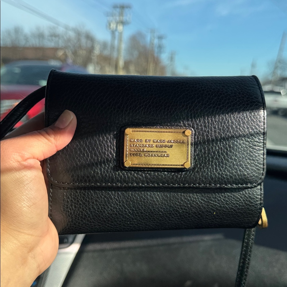 Marc By Marc Jacobs Black Leather Crossbody Wallet with Gold Plaque